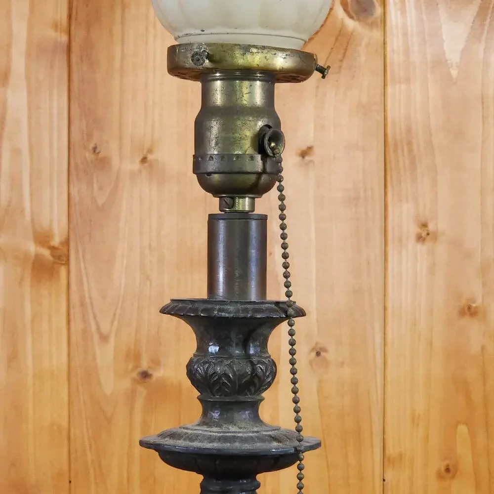 Antique Style Bronze Torchiere Lamp Hammered Column Frosted Tulip Shade